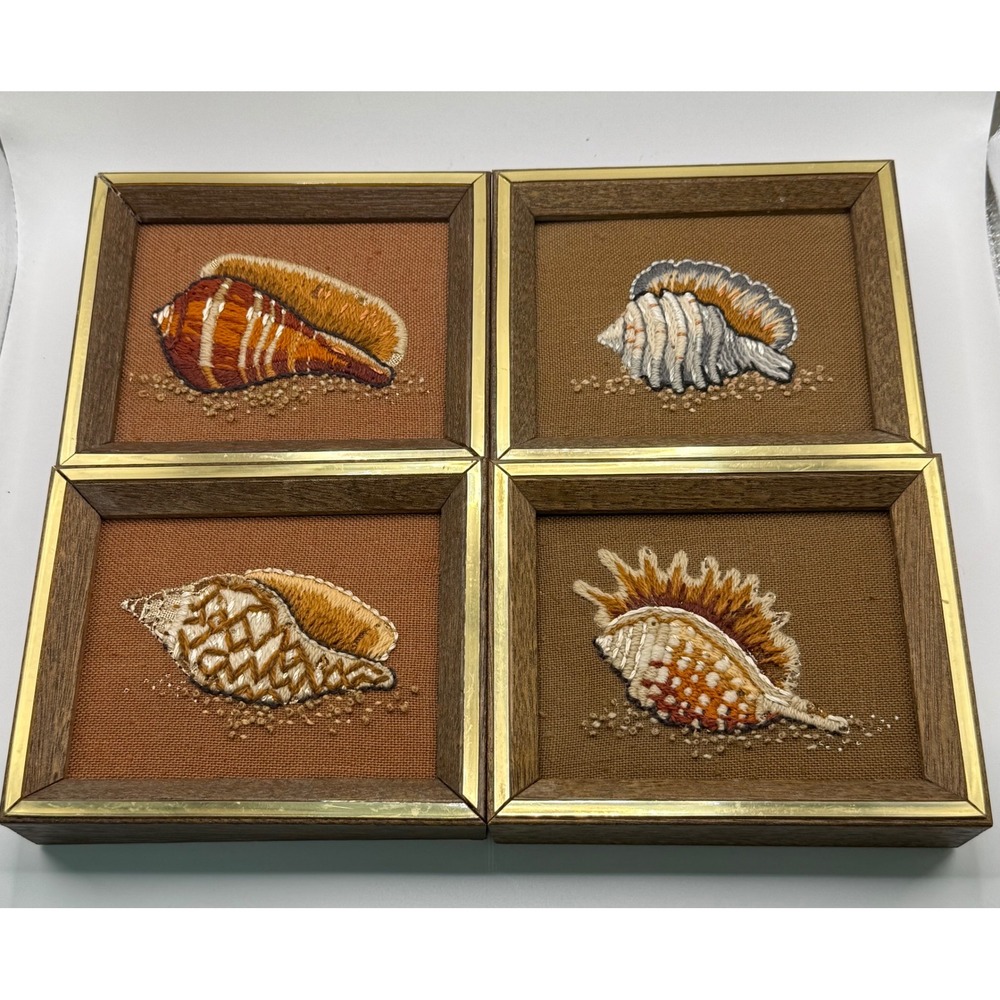 Vtg 1970 Embroidered Seashell Shadow Box Wall Art Set of 4 Coastal Wood Frames